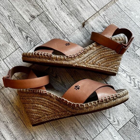 Tory Burch Wedge Espadrille Sandals brown leather strap ankle women’s size 8 - Picture 11 of 12